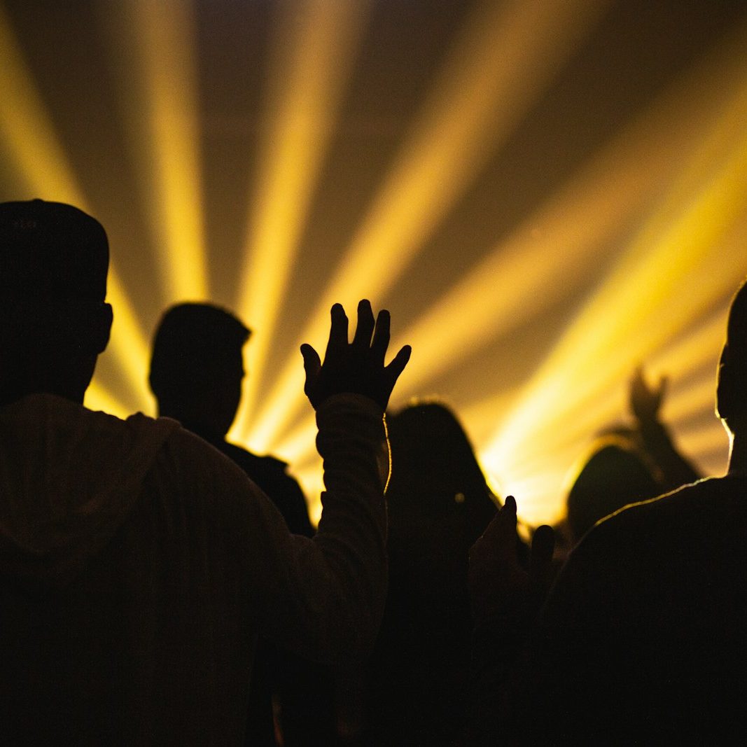 silhouette of people raising hands
